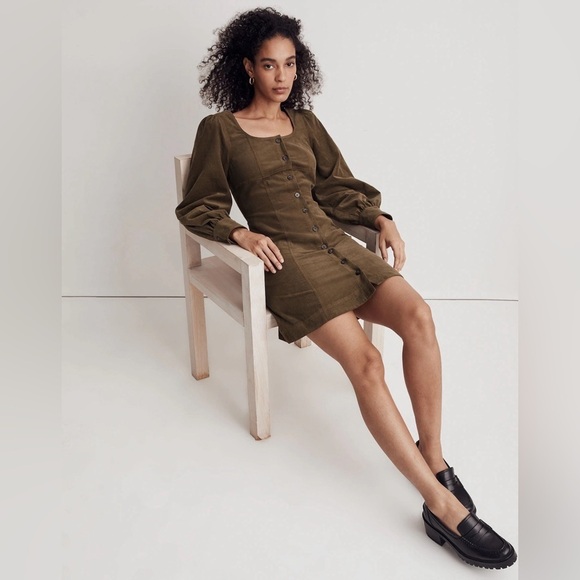 Madewell Corduroy Seamed Long-Sleeve Mini Dress in Kale, Size 0 - Picture 1 of 11